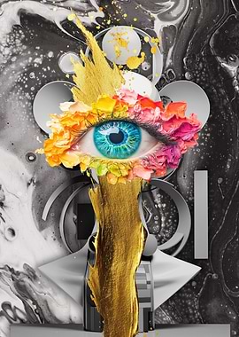 Surreal Eye with Floral and Gold Accents
