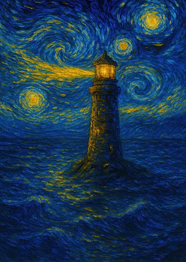 Lighthouse under Starry Night Sky