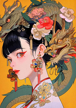 Asian Woman with Dragons and Flowers