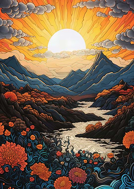 Mountain Landscape with River and Flowers