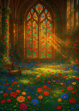 Floral Stained Glass Window with Bench