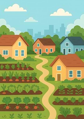 Cartoon Village with Gardens and Houses