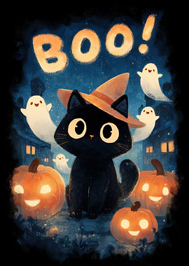 Halloween Cat with Ghosts and Pumpkins