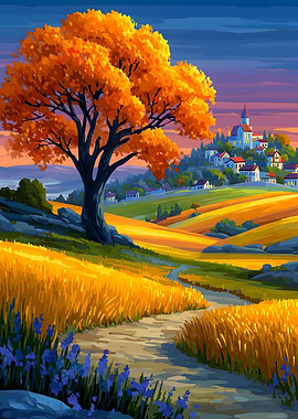 Autumn Landscape with Village and Tree