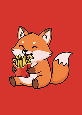 Cartoon Fox Eating French Fries