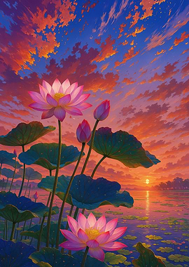 Lotus flowers at sunset
