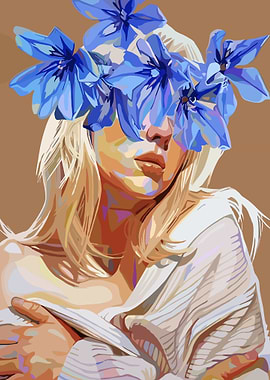 Billie Eilish with Blue Flowers Digital Art