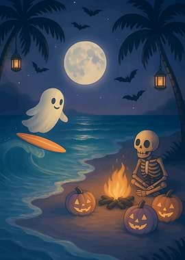 Halloween beach party with ghost surfer