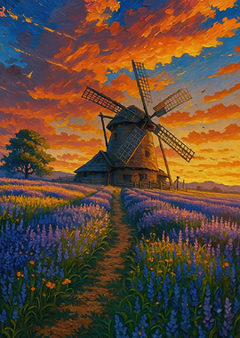 Windmill in Lavender Field at Sunset
