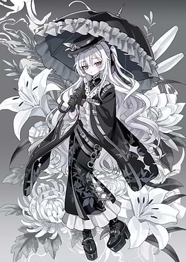 Anime Girl with Umbrella and Flowers
