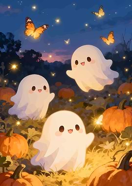 Cute Ghosts and Pumpkins at Night