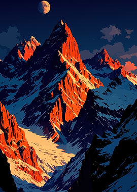 Snowy Mountains at Sunset with Moon