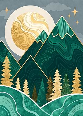 Emerald Mountain Forest Art Print Golden Sunrise Scene