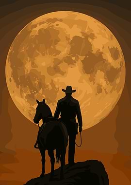 Cowboy and Horse Silhouette Under Moon