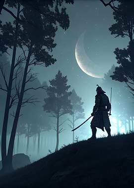 Samurai in Moonlight Forest