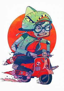 Cartoon Rider on Scooter with Shark Helmet