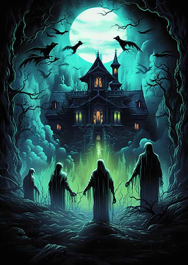 Haunted House with Ghosts and Bats