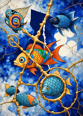 Abstract Fantasy #114 - Colorful Fish in Golden Branches