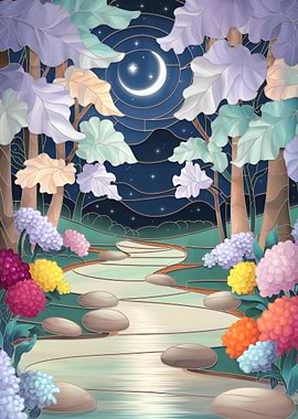 Stained Glass Art : A Moonlit River Path Illuminated by Stars