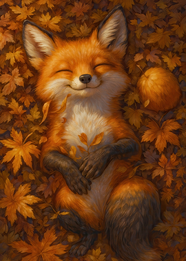 Sleeping Fox in Autumn Leaves