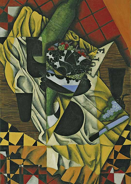 Cubist Still Life with Bottle and Fruit, juan gris painting