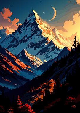 Mountain Landscape with Crescent Moon