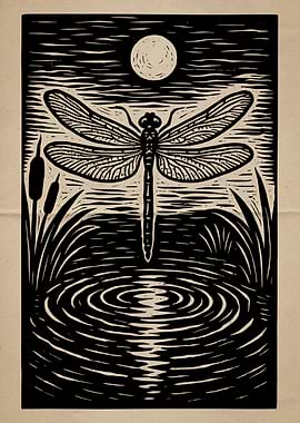 Dragonfly Over Water Linocut Print Art