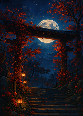 Japanese Torii Gate with Moon