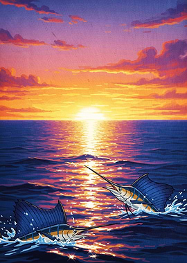 Sailfish jumping sunset ocean scene