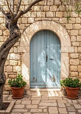 Rustic Blue Door with Stone Wall