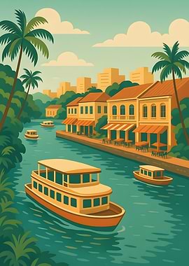 Tropical Canal Scene with Boats