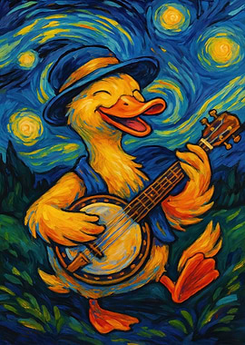 Duck playing banjo in Van Gogh style