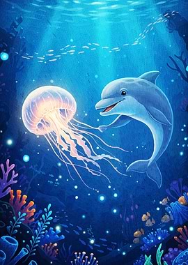 Dolphin and Jellyfish Underwater