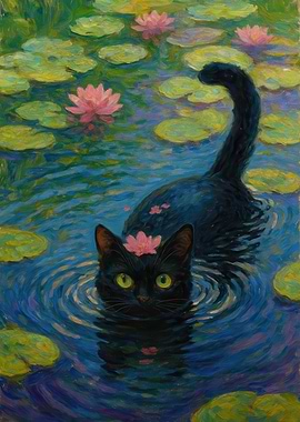 Black Cat in Water Lily Pond