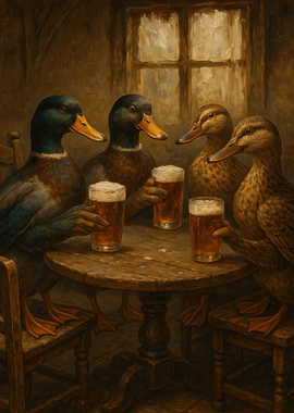Ducks Drinking Beer at a Table