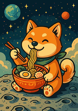 Shiba Inu Eating Ramen on Moon Art