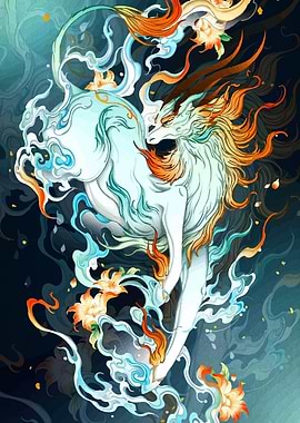 Qilin illustration with floral accents