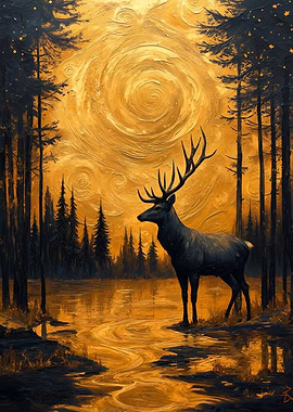 Golden Deer in Forest Landscape Painting