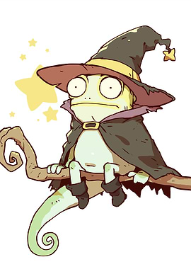 Cartoon Chameleon Wizard on Branch