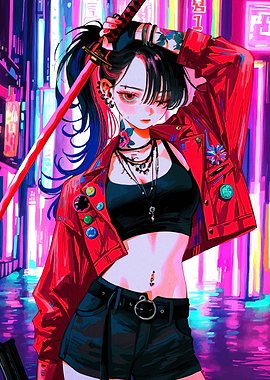 Anime Girl with Katana in Neon City