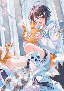 Anime Boy with Cats in Winter
