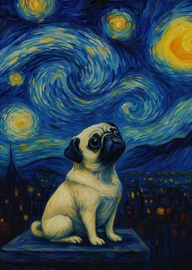 Pug in Starry Night Style