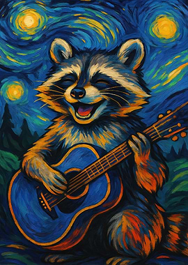 Raccoon playing guitar in starry night