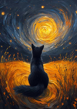 Black Cat Gazing at Swirling Sky
