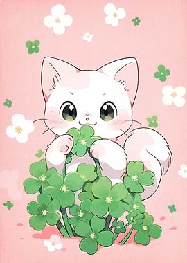 Cute Cat with Clovers Illustration