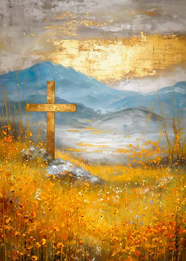 Golden Cross in Mountain Landscape Painting