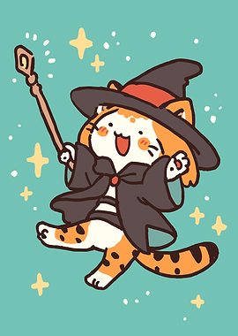 Cartoon Cat Wizard with Magic Wand