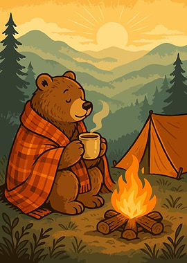 Cozy Camping Bear with Coffee