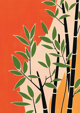Bamboo and Leaves Japanese Woodblock Print
