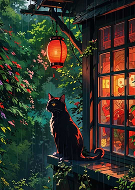 Black cat in the rain